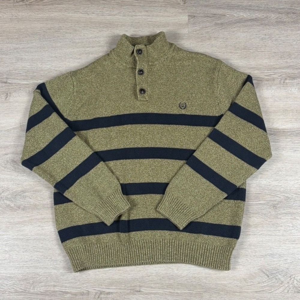 Chaps Sweater Mens XL Green Blue Striped Cotton Henley Mock Neck Knitwear